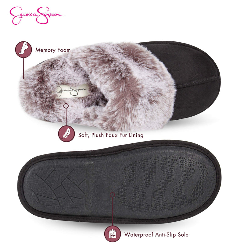 Jessica Simpson Women's Comfy Faux Fur House Slipper Scuff Memory Foam Slip on Anti-Skid Sole Small Black