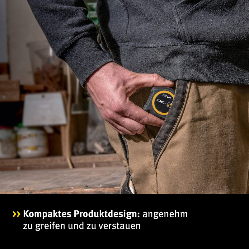 STABILA pocket tape measure BM 100, 5 m, tape measure with metric scale, shatterproof ABS housing, movable starting hook, belt clip, MID accuracy