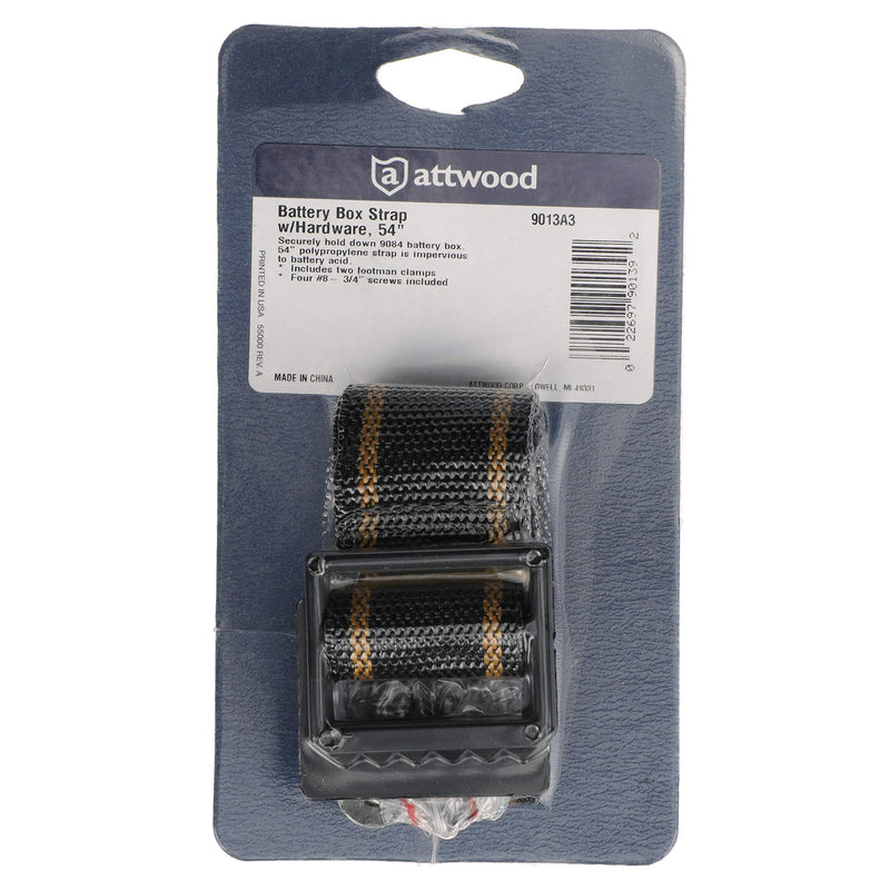 attwood 9013A3 Battery Box Hold-Down Strap Kit, Long Size, 54 Inches Long, Woven Polypropylene, with 2 Footman Clamps