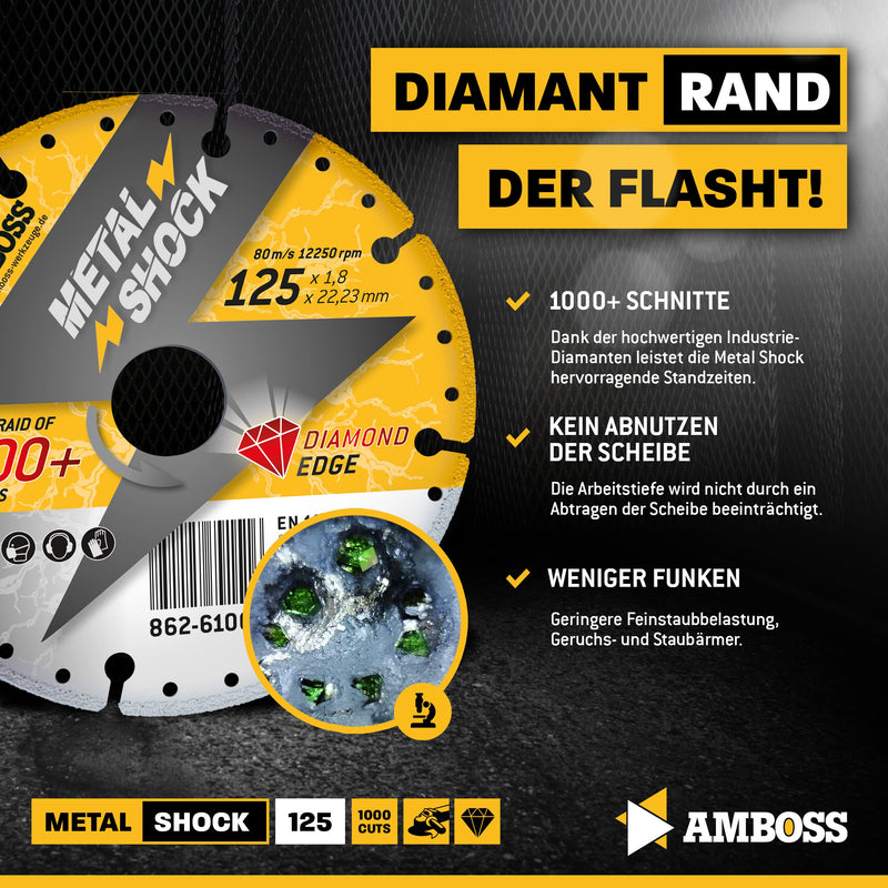 AMBOSS METAL SHOCK - diamond cutting disc 125 x 1.8 x 22.23 mm - suitable for metal/steel/stainless steel - suitable for angle grinders Ø 125mm x 22.2mm (metal shock)