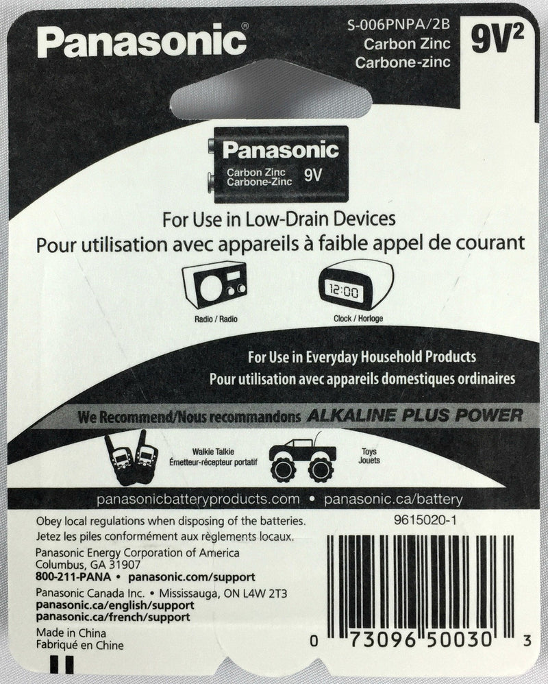 2Pc Size 9V Panasonic Batteries Super Heavy Duty Power Zinc Carbon