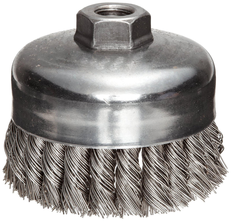 Weiler 12416 4" Single Row Knot Wire Cup Brush, .023" Stainless Steel Fill, 5/8"-11 UNC NUT, Made in the USA 4" Dia .023" Wire Size x 1-1/4" Trim Length