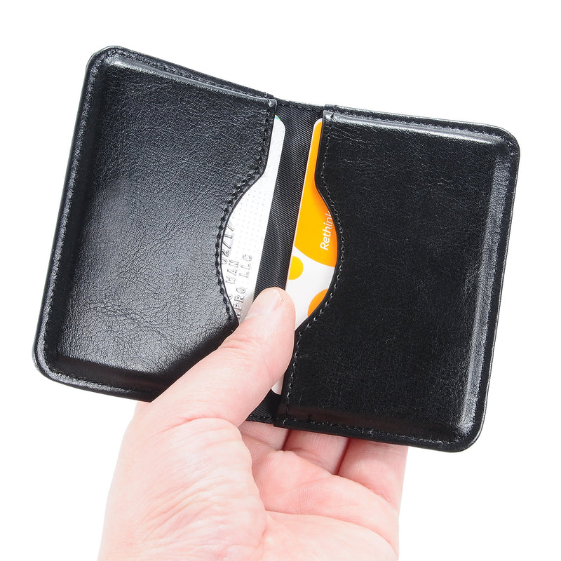 Business Card Holder, Wisdompro 2-Sided PU Leather Folio Name Card Holder Wallet Case with Magnetic Shut for Men and Women, Ultra Slim and Thin - Black