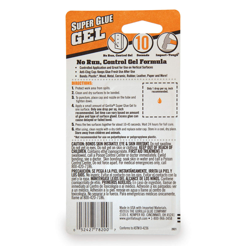 Gorilla 7820001 Super Glue Gel, 6 g, 1-Pack, Clear, 2 Ounce