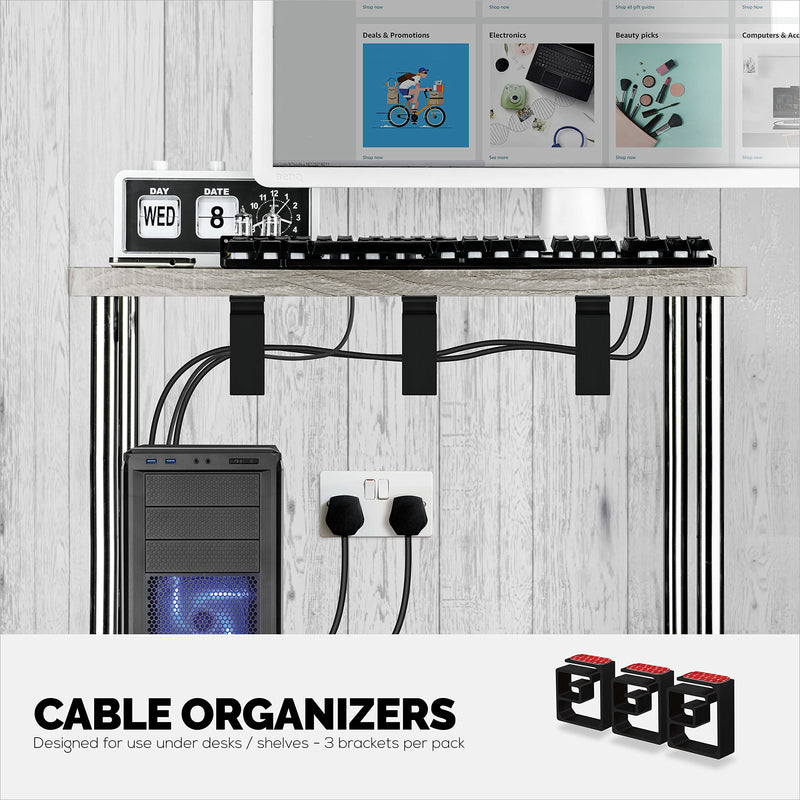 3pc VHB Cable Organizer Holder, for Heavy Cables, PC Cords & Wires with Strong Adhesive, Under Desk Mount Management System - (Black) XL Black