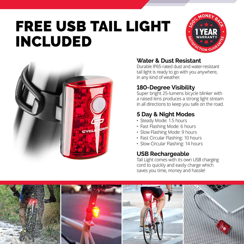 Cycle Torch Shark 550R USB Rechargeable Bike Light Set, Free USB Tail Light Included, Easy On Easy Off, Compatible with Mountain, Kids, Street and Road Bicycles Silver-Grey