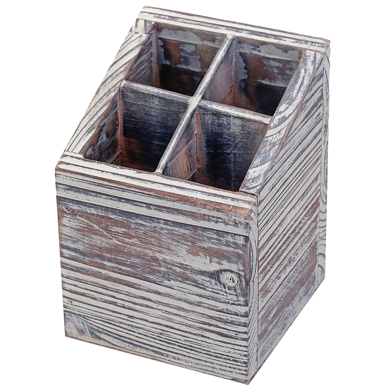 MyGift Rustic Torched Wood 4 Slot Pen Pencil Holder, Square Desktop Office Supply Storage Box