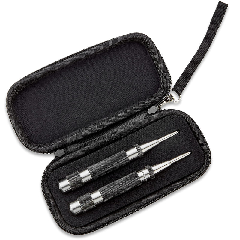 Heavy Duty Automatic Center Punch with Hardened Steel - Pack of 2 Premium Universal Metal Hand Tool for Machinists and Carpenters Spring Loaded with Adjustable Knurled Cap and Hard-Shell Carry Case