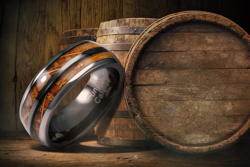 100S JEWELRY Gunmetal Gray Tungsten Rings For Men whiskey barrel Wood grain Inlay wooden Wedding Promise Engagement Band Size 6-16 14.5