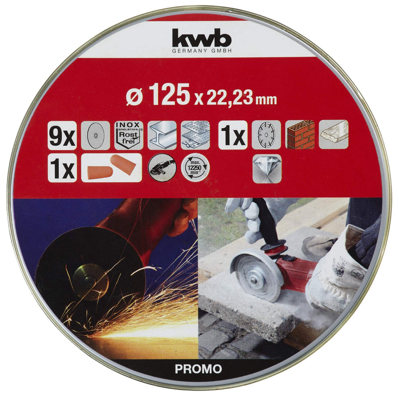 kwb thin cutting discs Ø 125 mm for angle grinders including diamond disc, for stainless steel INOX in storage box including ear plugs, ABM. 125 x 1 x 22.23