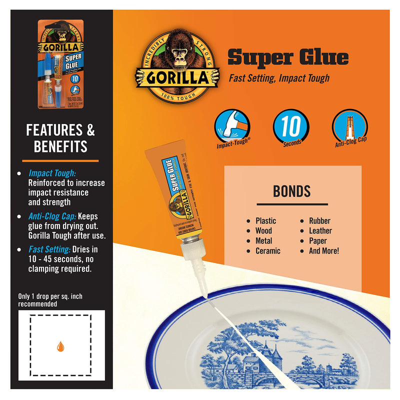 Gorilla Super Glue, Two 3 Gram Tubes, Clear, (Pack of 1) 2 Tubes