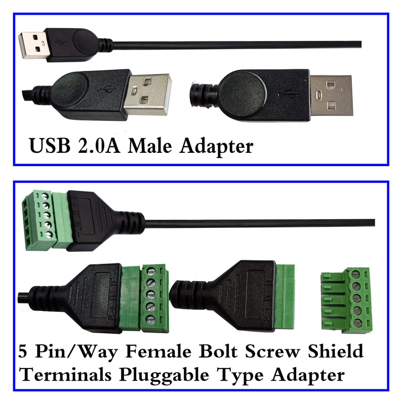 zdyCGTime USB 2.0 A Screw Terminal Block Connector Cable USB 2.0 A Male Plug to 5 Pin/Way Female Bolt Screw with Shield terminals Pluggable Type Adapter Connector Converter Cable（30CM/2Packs)(Male)