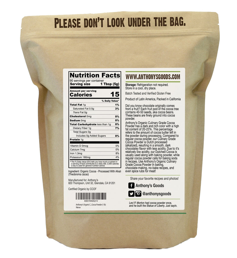 Anthony's Organic Culinary Grade Cocoa Powder, 1 lb, Dutch Processed Baking Cocoa, Gluten Free, Non GMO, Keto Friendly 1 Pound (Pack of 1) Culinary Cocoa