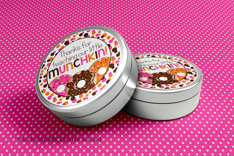 Our Little Munchkin Donut Themed Teacher Appreciation Thank You Sticker Labels, 40 2" Party Circle Stickers by AmandaCreation, Great for Envelope Seals & Gift Bags