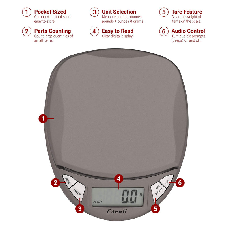 Escali Pico PR500S Precision Kitchen Food Scale for Baking and Cooking, Lightweight and Durable Design, LCD Digital Display, Lifetime ltd. Warranty, Metallic