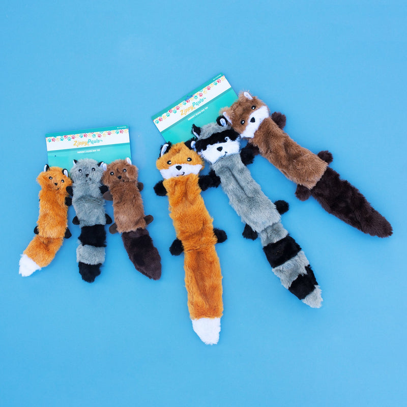 ZippyPaws - Skinny Peltz No Stuffing Squeaky Plush Dog Toy, Fox, Raccoon, and Squirrel Large 3 Skinny Peltz