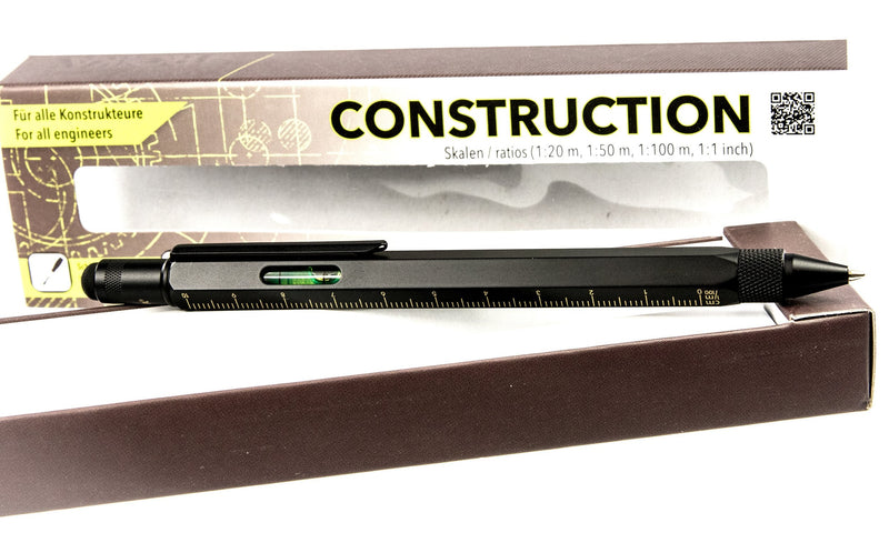 TROIKA CONSTRUCTION Multitasking Ballpoint Pen - PIP20/BG - Black/Gold - Centimetre and Inch Ruler - 1:20 m and 1:50 m Scale - Spirit Level - Slotted and Phillips Screwdriver - Stylus