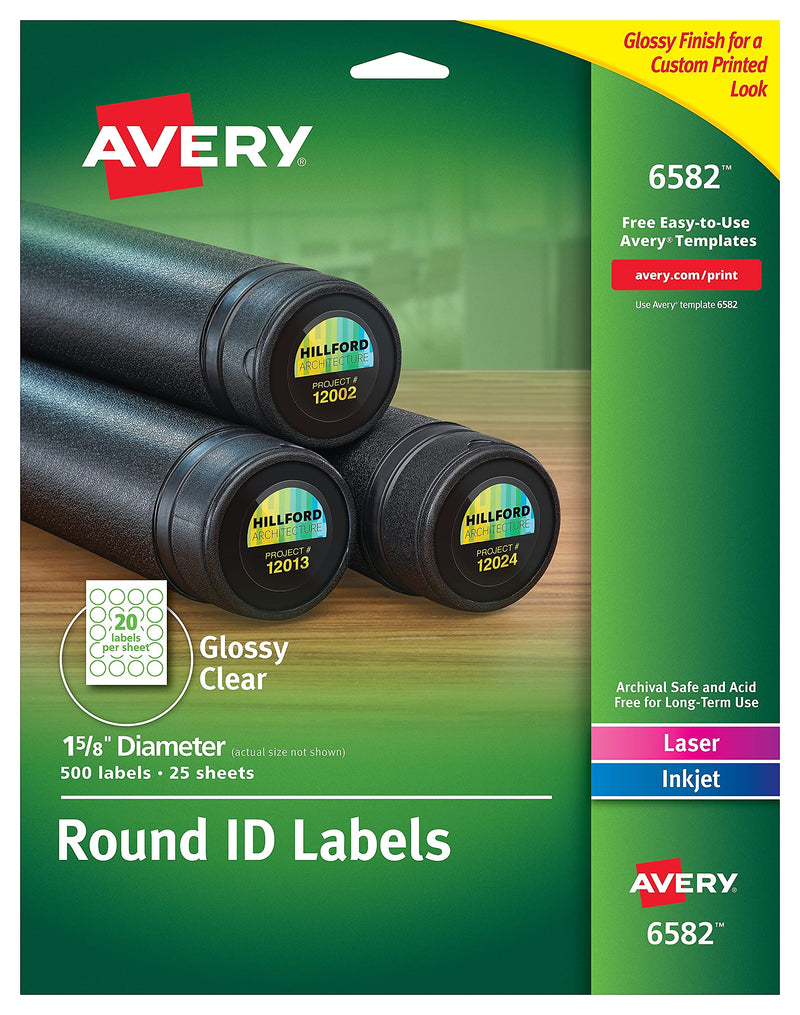 Avery 6582 Round Print-to-The-Edge Permanent Labels, 1 2/3-Inch Dia, Glossy Clear, 500/Pack