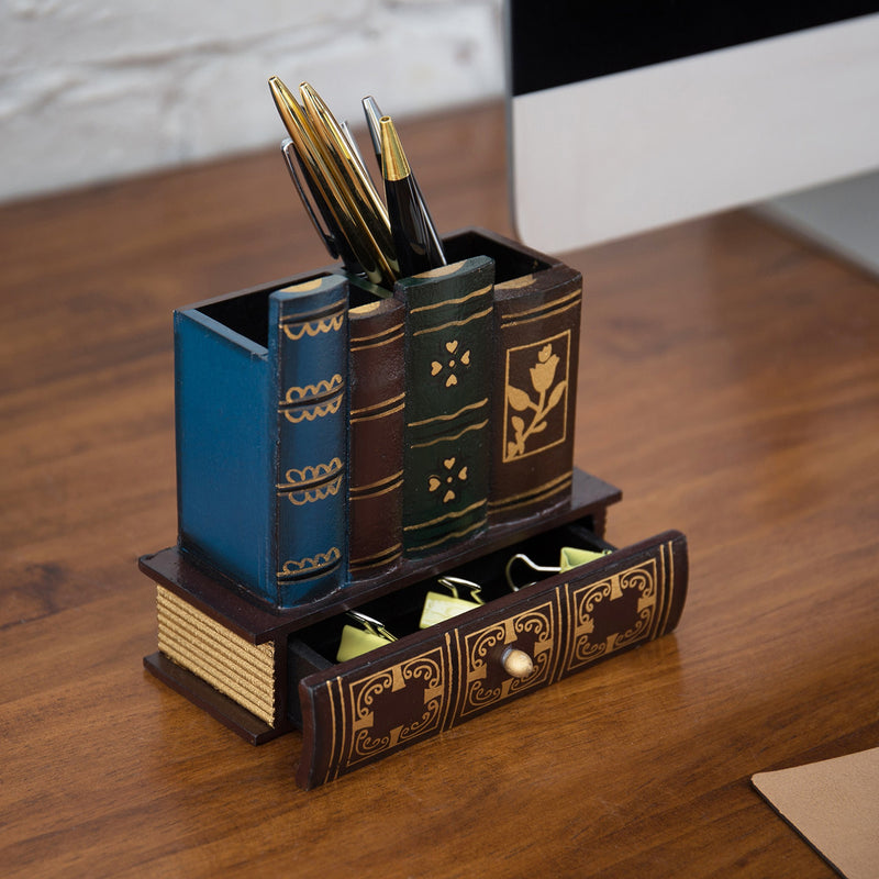 Decorative Library Books Design Wooden Office Supply Caddy Pencil Holder Organizer with Bottom Drawer