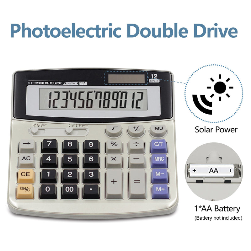 Calculator,12-Digit Desktop Basic Calculator, Solar Battery Dual Power with Large LCD Display and Large Buttons Office Calculator by Ebristar (JP01251A)