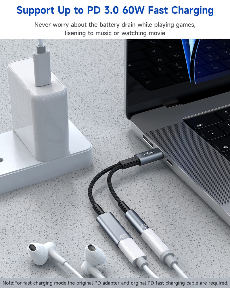 USB C to 3.5mm Headphone and Charger Adapter,LERTOSEN 2 in 1 USB C PD 3.0 Charging Port to Aux Audio Jack and 60W Fast Charging Dongle Cable Cord for Galaxy S22/S21/S20/Note 20,Pixel 6/5/4/XL,iPad Pro Splitter 2-in-1 Headphone Adapter