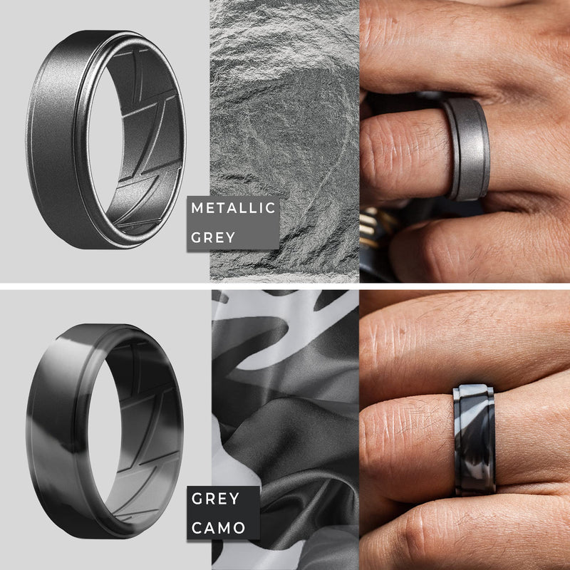 ThunderFit Silicone Wedding Rings for Men Breathable Airflow Inner Grooves - Step Edge Sleek Design Breathable Rubber Engagement Bands - 8mm wide - 2mm Thick Black, Dark Grey, Grey Camo, Gunmetal 6.5 - 7 (17.3mm)