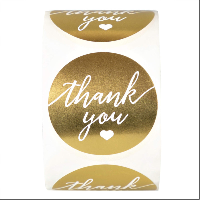 Thank You Label Sticker 1.5" Round with Gold and white heart 500 Labels per Roll, Thank You sticker gold for Birthdays, Weddings, Giveaways, Bridal Showers and Perfect for Small Business Owner