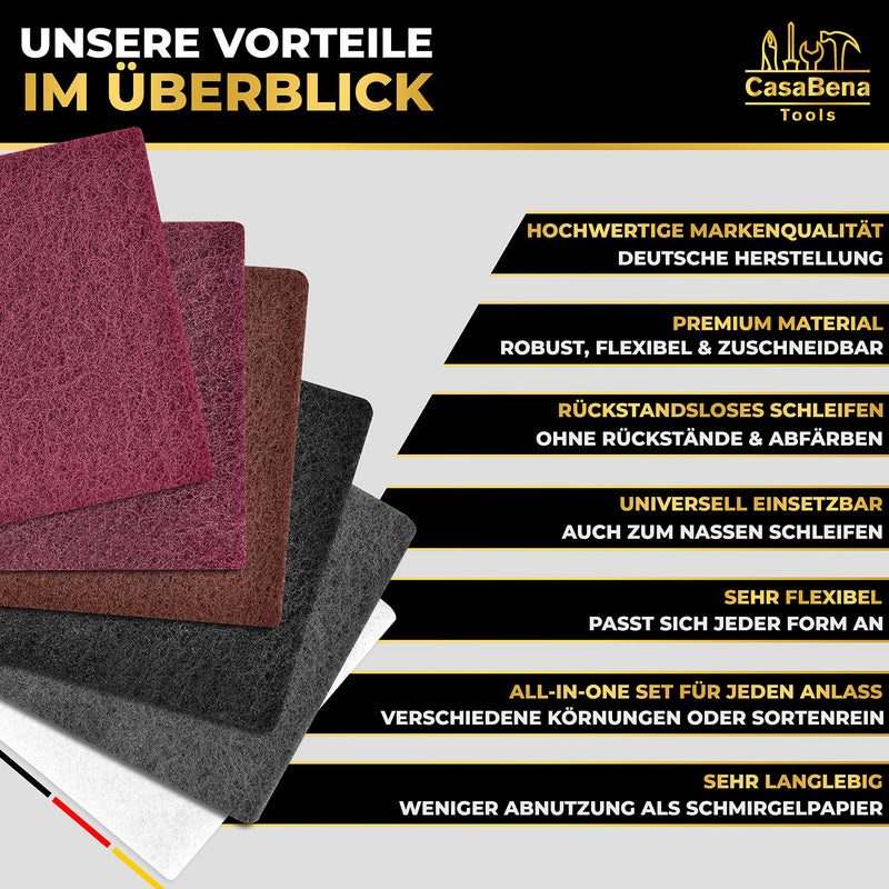 Sanding fleece for sanding wood - Made in Germany - Set of 6: 5 sanding pads with 5 grain sizes 100-1000 + 1 cleaning fleece without grain - 150x210mm - Sanding fleece for wood, metal, stainless steel and much more. Mix set
