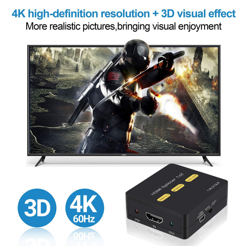 NEWCARE HDMI Splitter 1 in 2 Out, 4K@60Hz 1x2 HDMI Splitter for Dual Monitors Duplicate/Mirror Only, HDMI2.0b Splitter 1 to 2 Amplifier, Support Auto Scaling, HDCP2.2, YUV 4:4:4, HDR, with HDMI Cable
