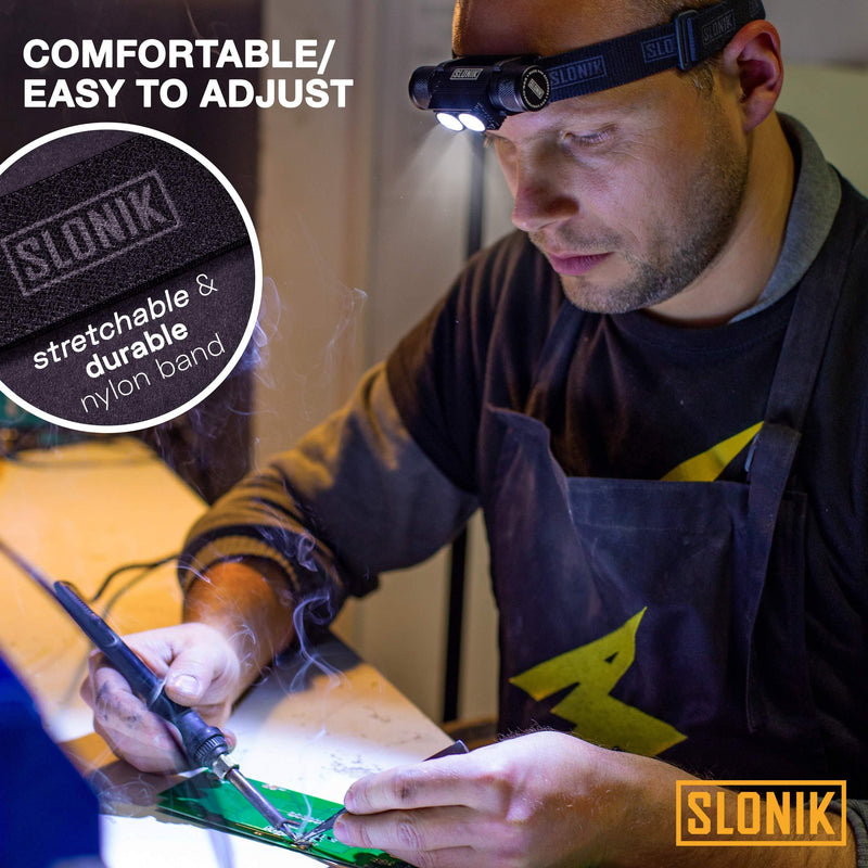 SLONIK 1000 Lumen Rechargeable CREE LED Headlamp w/ 2200 mAh Battery - Lightweight, Durable, Waterproof and Dustproof Headlight - Xtreme Bright 600 ft Beam - Camping and Hiking Gear