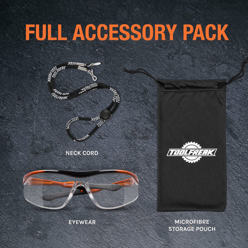 ToolFreak Agent Safety Glasses, Wraparound Lens, U6 UV and Impact Rating to ANSI z87.1, Pouch and Neck Cord Clear Lens