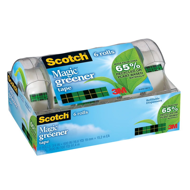 Scotch Magic Greener Tape, 6 Rolls, Numerous Applications, Invisible, Engineered for Repairing, 3/4 x 600 Inches, Dispensered (6123)