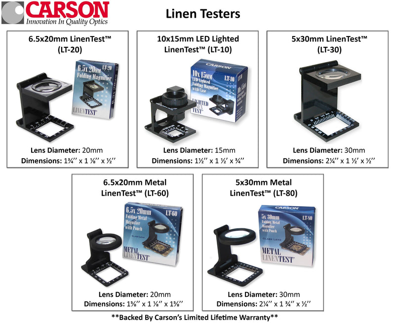 Carson Metal LinenTest 5x30mm or 6.5x20mm Glass Magnifiers with Soft Pouch (LT-60, LT-80) 5x30mm (LT-80)