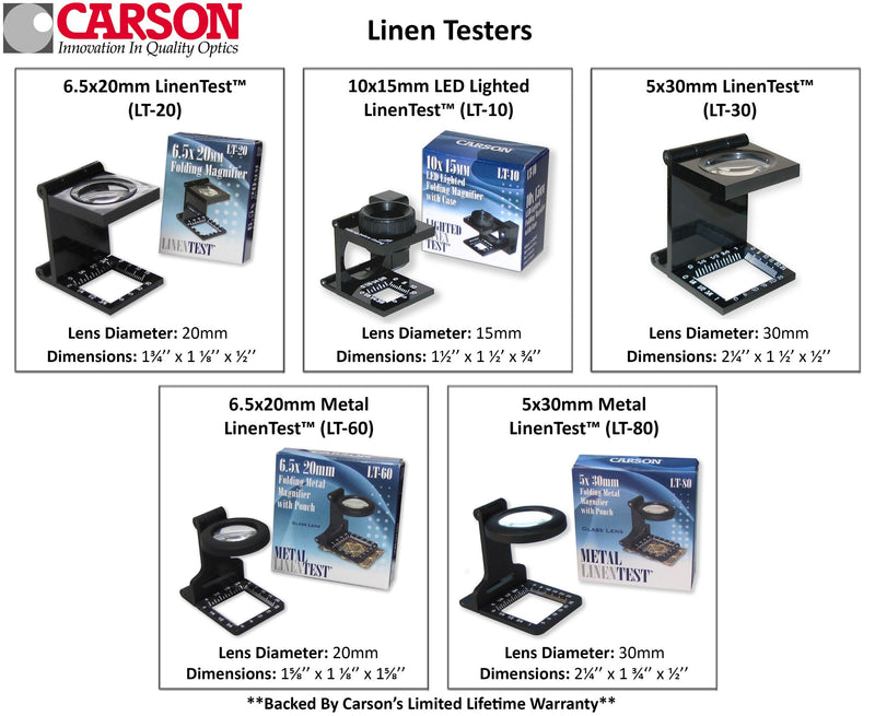 Carson Metal LinenTest 5x30mm or 6.5x20mm Glass Magnifiers with Soft Pouch (LT-60, LT-80) 6.5x20mm (LT-60)