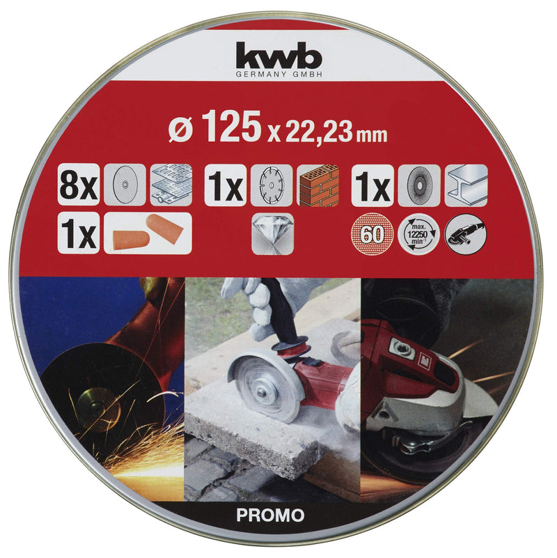 kwb thin cutting discs + diamond and grinding disc Ø 125 mm for angle grinders, cutting disc for stainless steel INOX in storage box including ear plugs DIM. 125 x 1 x 22.23, 10 pieces (pack of 1)