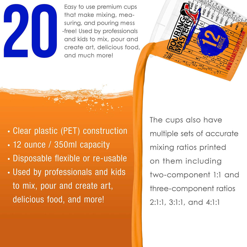 Pouring Masters 12 Ounce (350ml) Graduated Plastic Mixing Cups (Box of 20) - Use for Paint, Resin, Epoxy, Art, Kitchen, Cooking, Baking - Measurements in OZ. and ML, 4 Different Measuring Ratios 1:1 12-Ounce