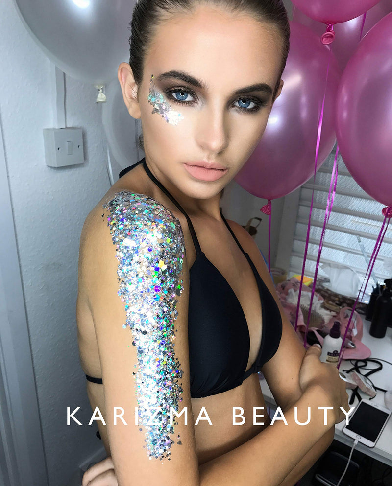 Silver Holographic Chunky Glitter âœ® KARIZMA Beauty âœ® 10g Festival Glitter Cosmetic Face Body Hair Nails Silver Holographic