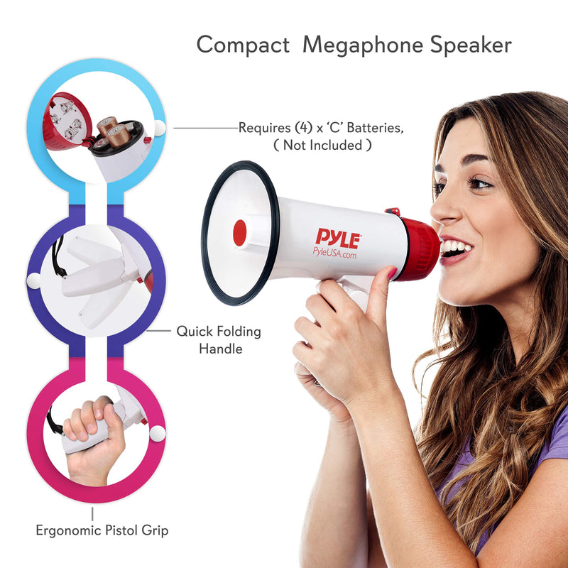 Pyle Megaphone Speaker PA Bullhorn - 20 Watts & Adjustable Vol Control w/ Built-in Siren & 800 Yard Range for Football, Baseball, Hockey, Cheerleading Fans & Coaches or for Safety Drills - PMP20 White