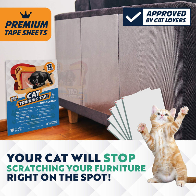 Panther Armor Cat Scratch Deterrent Tape – 12-Pack Double Sided Anti Scratching Sticky Tape – 5-Pack XL 16”L 12”W + 5-Pack Large 17”L 10”W + 2-Pack M 17”L 6”W Furniture Protectors – Training Tape