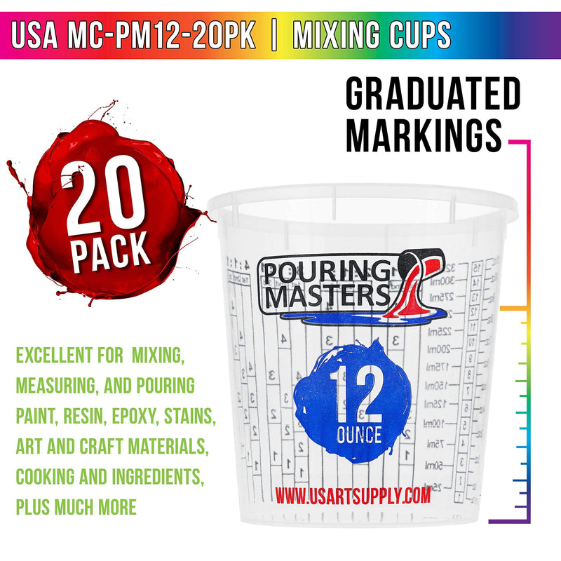 Pouring Masters 12 Ounce (350ml) Graduated Plastic Mixing Cups (Box of 20) - Use for Paint, Resin, Epoxy, Art, Kitchen, Cooking, Baking - Measurements in OZ. and ML, 4 Different Measuring Ratios 1:1 12-Ounce