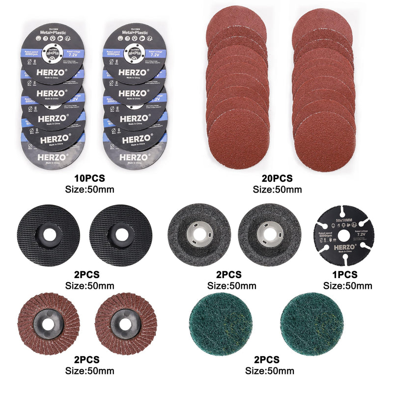 HERZO cutting disc 50mm, cutting grinding polishing multi material, 10mm bore, accessory set for mini angle grinder (39 pack)...