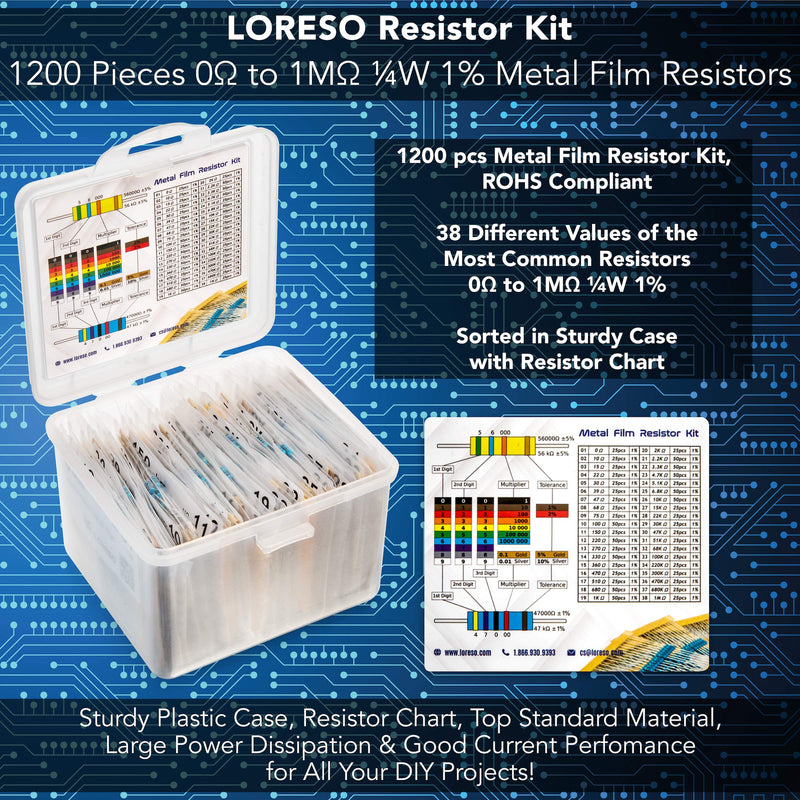 LORESO Resistor Assorment Kit Box - Case of 1200 Pieces 38 Value 1/4W 1% Metal Film Resistor Pack ROHS Compliant 0 to 1M Ohm Common Resistors for Hobby Electronics, Audio-Video Electronic DIY Project