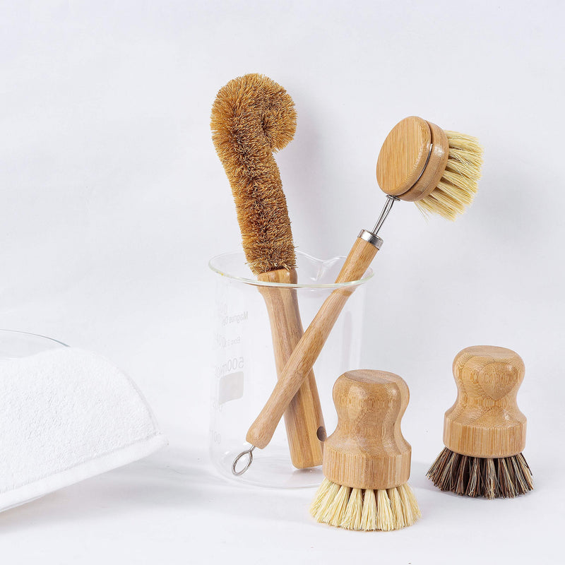 Earth's Own Natural Bamboo Dish Scrub Brush 4 Piece Set - Made From 100% Natural Bamboo -Natural Bristle - Plastic Free Dishes Scrub Brush For Dishes, Pot, Pans.