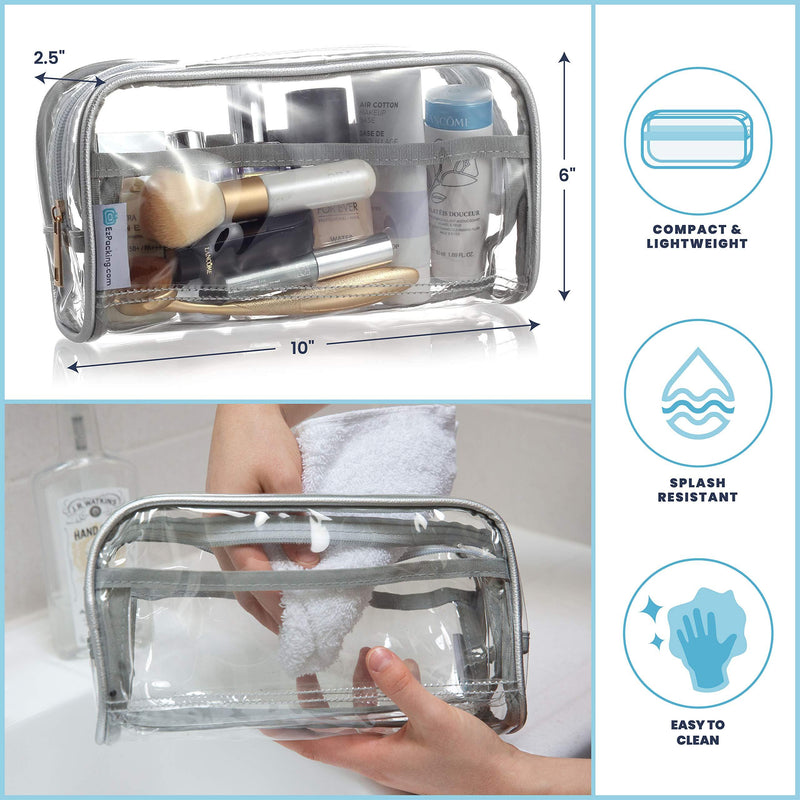 Clear Makeup and Brush Bag / Long Cosmetic Organizer Pouch for Travel, Gym or Home / Vegan Leather Piping and 2 Interior Pockets with Zipper / Small See Through PVC Plastic and Transparent Design / Hair Product Organizer Silver