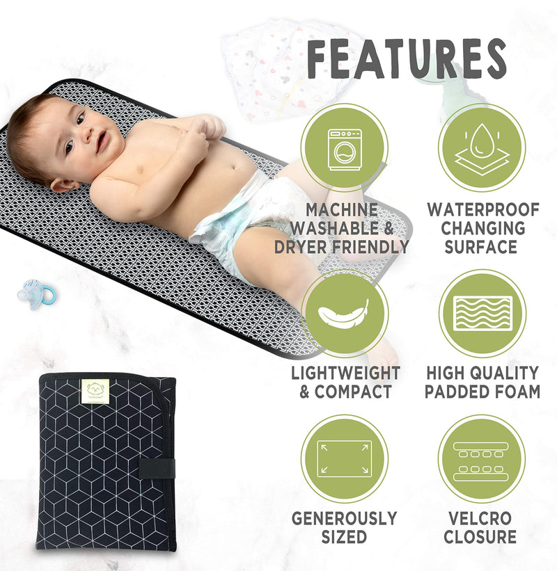 Portable Diaper Changing Pad - Waterproof Foldable Baby Changing Mat - Travel Diaper Change Mat - Lightweight Changing Pads for Baby - Baby Changer - Machine Washable - Small Changing Pad (Black Geo) Black Geo