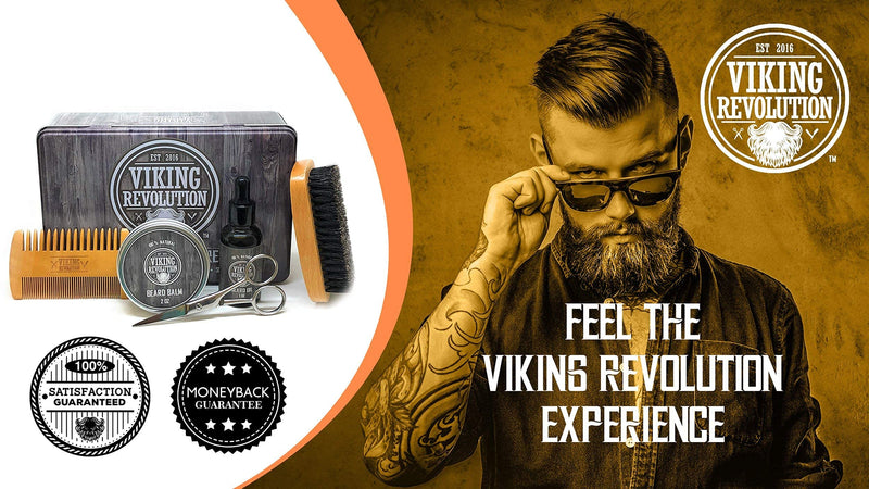Viking Revolution Beard Care Kit for Men - Ultimate Beard Grooming Kit includes 100% Boar Menâ€™s Beard Brush, Wooden Beard Comb, Beard Balm, Beard Oil, Beard & Mustache Scissors in a Metal Box 6 Piece Set