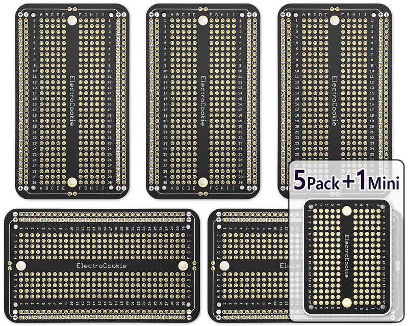 ElectroCookie Prototype PCB Solderable Breadboard for Electronics Projects Compatible for DIY Arduino Soldering Projects, Gold-Plated (5 Pack + 1 Mini Board, Matte Black) 2.Black