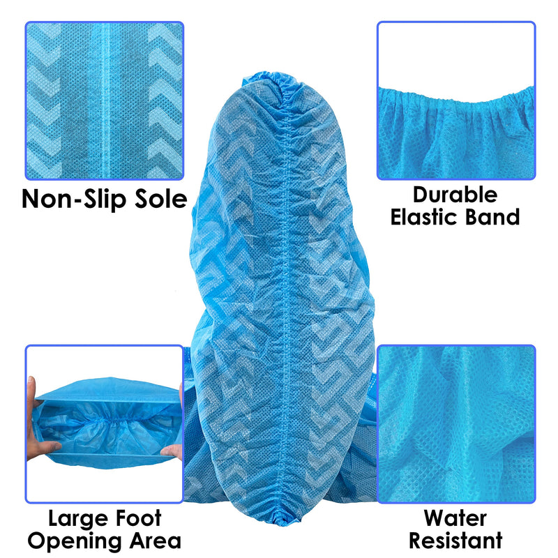 Buena Goods 100 Pack Extra Large Disposable Blue Boot & Shoe Covers. Reusable Premium Water Resistant Durable Booties with Non Slip Treads for Indoor Use. Fits US Men's Size 14 & Women's 16 Shoe Size