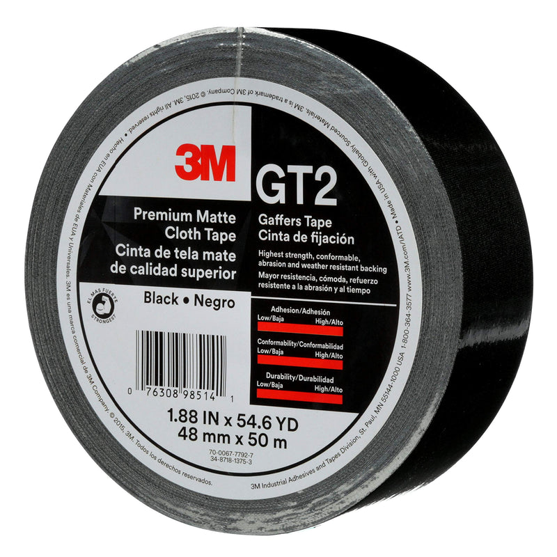 3M Premium Matte Cloth Gaffers Tape GT2, Black, 48 mm x 50 m, 11 mil