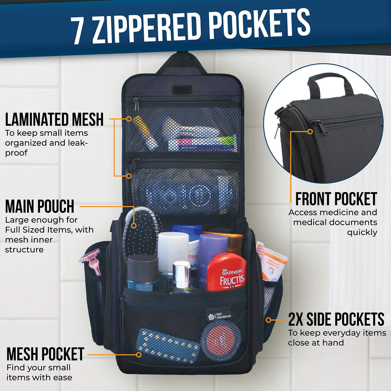 Hanging Travel Toiletry Bag for Men and Women – Large Cosmetics, Makeup and Toiletries Organizer Kit with 10 Compartments, YKK Zippers, XXL Metal Swivel Hook, Water-Resistant Nylon Black